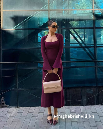 The Red Square Neck Flare Sleeve Midi Dress