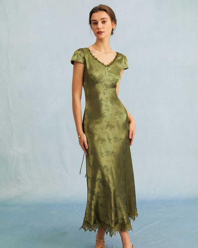 The Green Satin Jacquard Lace Midi Dress Dresses - RIHOAS