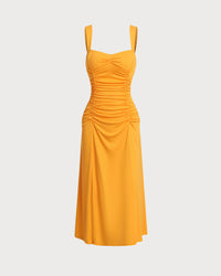 Orange Ruched Knitted Slip Midi Dress