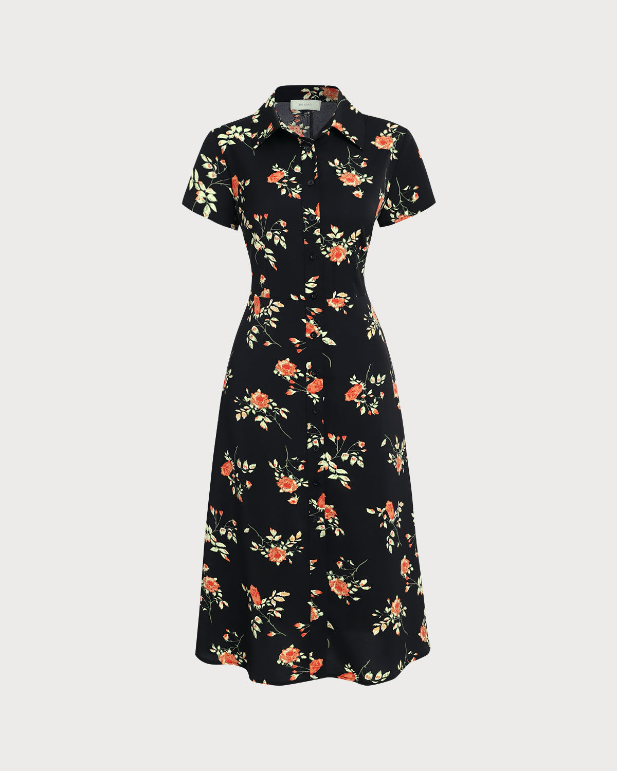 Black Floral Button A-Line Midi Dress