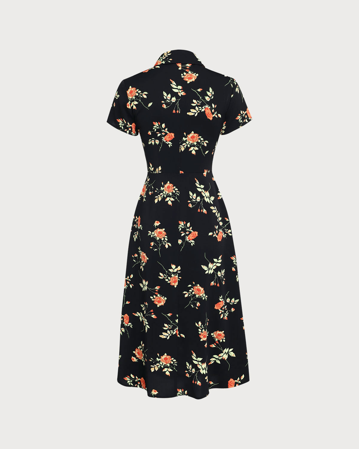 Black Floral Button A-Line Midi Dress