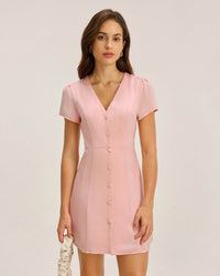 Pink V Neck Button Mini Dress