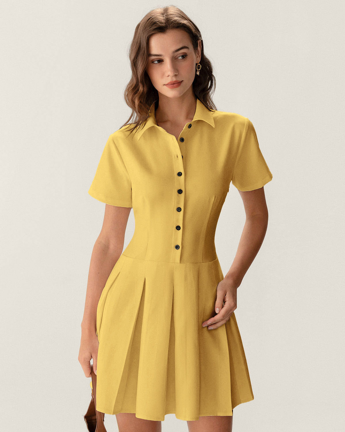 Yellow Button Pleated Mini Dress
