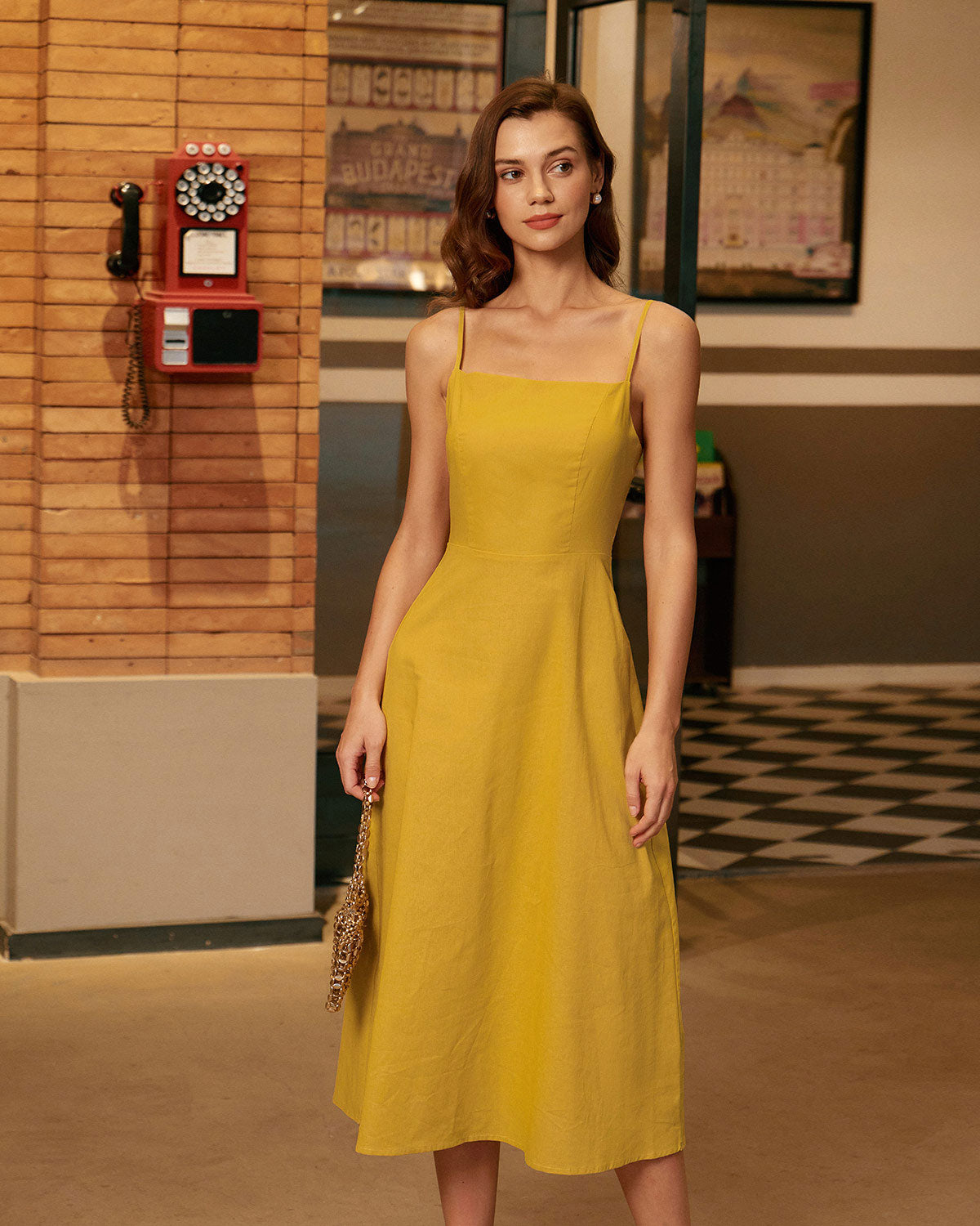 Yellow Square Neck Shirred Slip Midi Dress