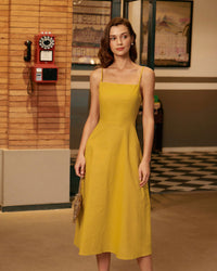 Yellow Square Neck Shirred Slip Midi Dress