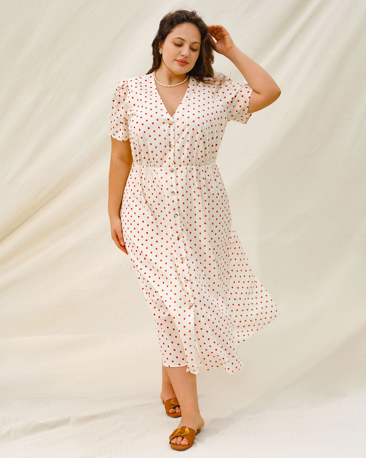 Beige Polka Dot Plus Size Midi Dress