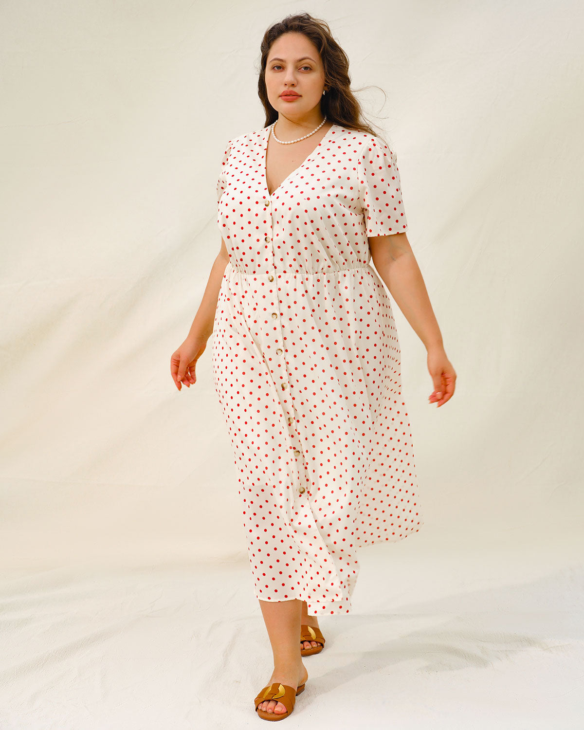 Beige Polka Dot Plus Size Midi Dress