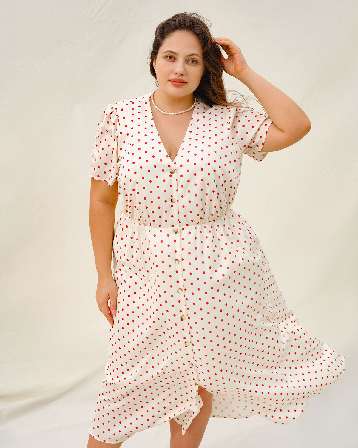 Beige Polka Dot Plus Size Midi Dress