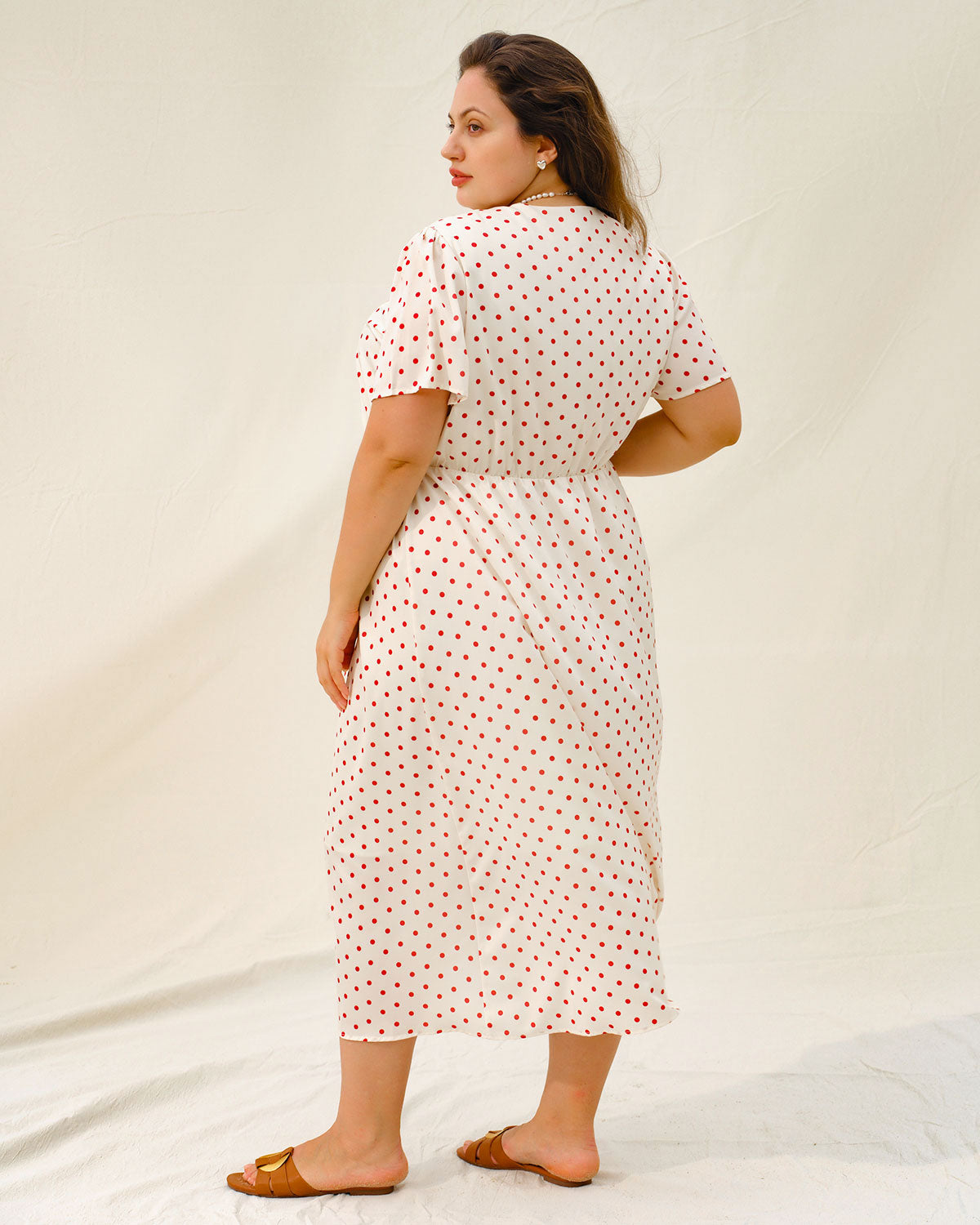 Beige Polka Dot Plus Size Midi Dress