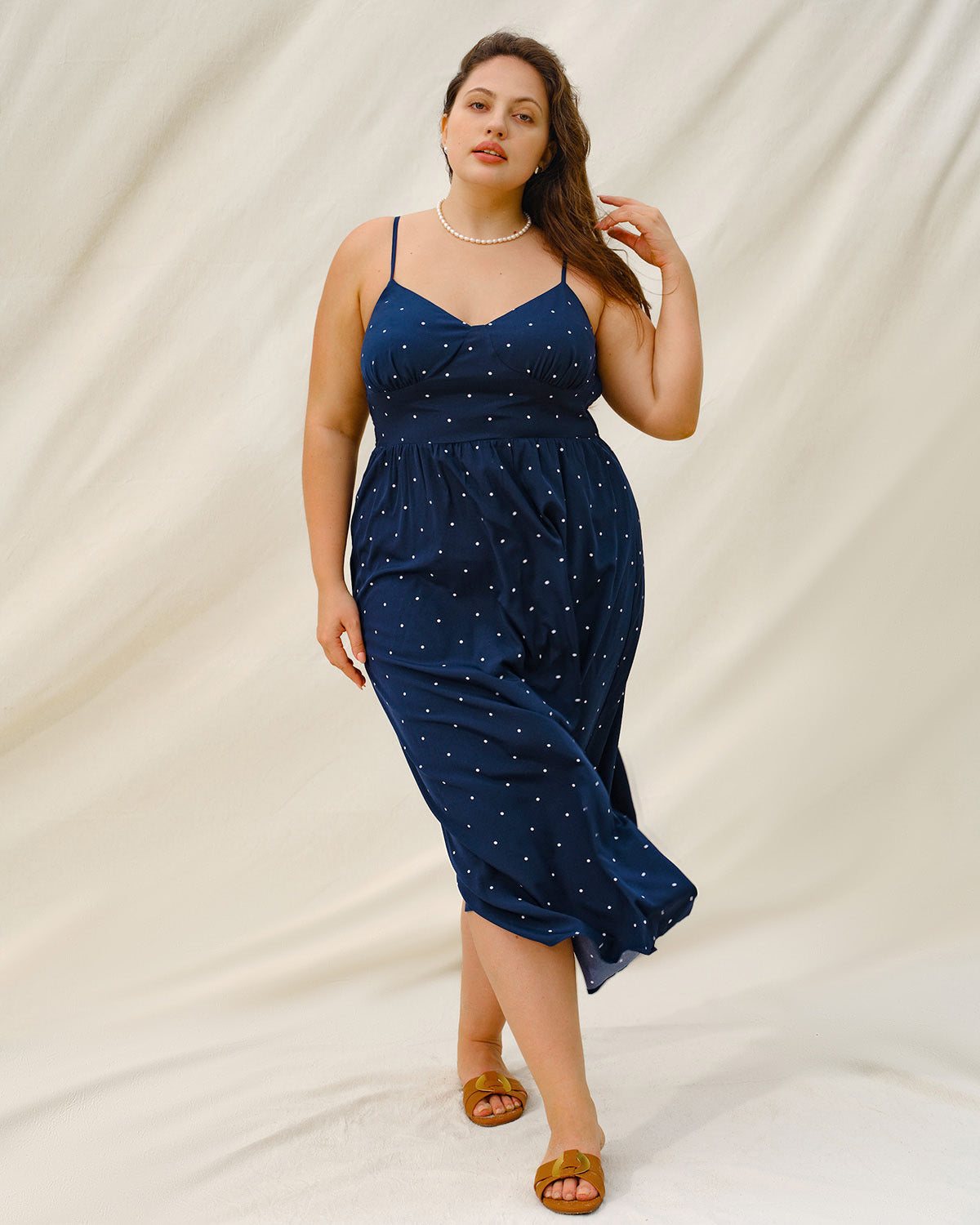 Navy Polka Dot Plus Size Slip Midi Dress