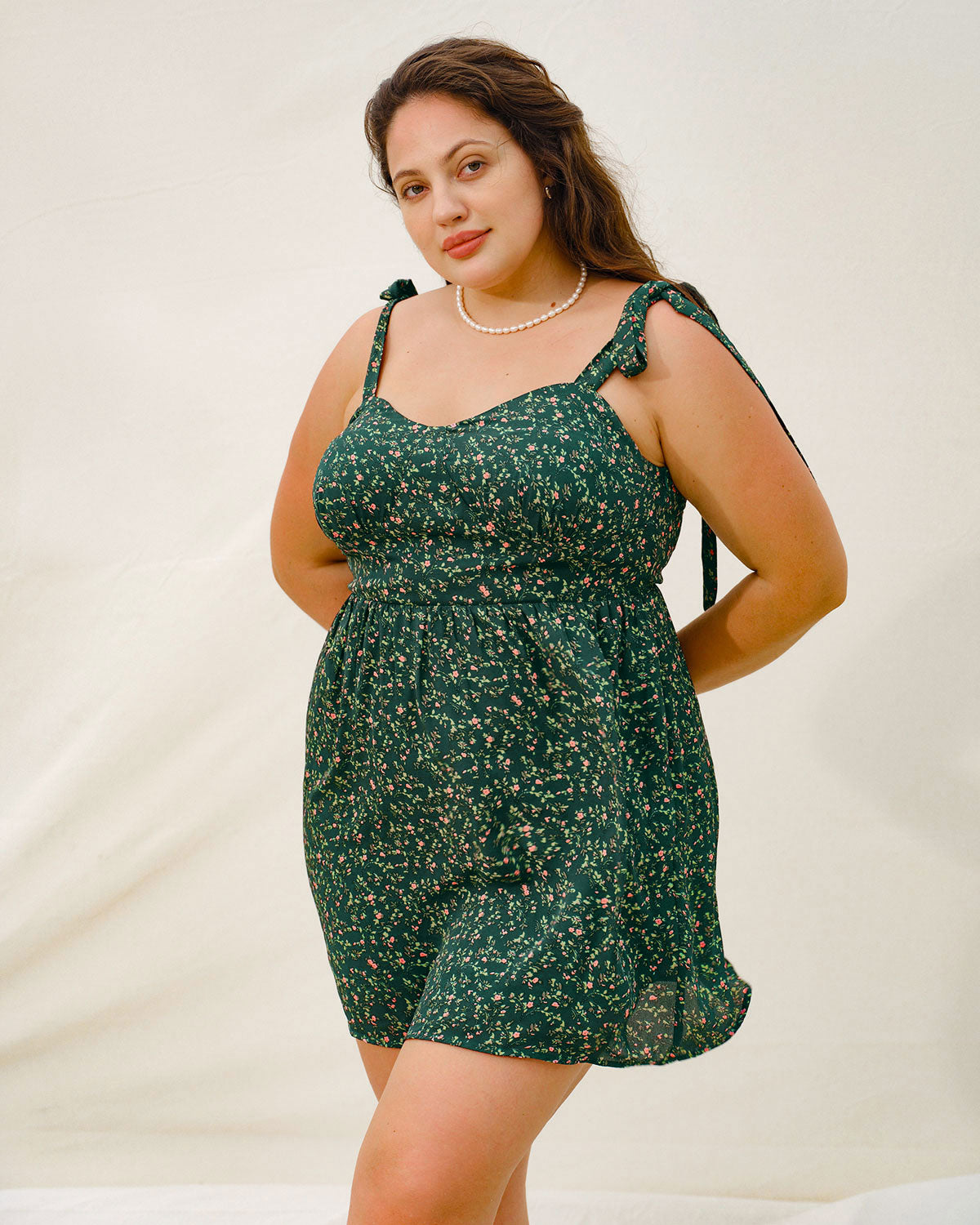 Green Floral Tie Strap Plus Size Mini Dress