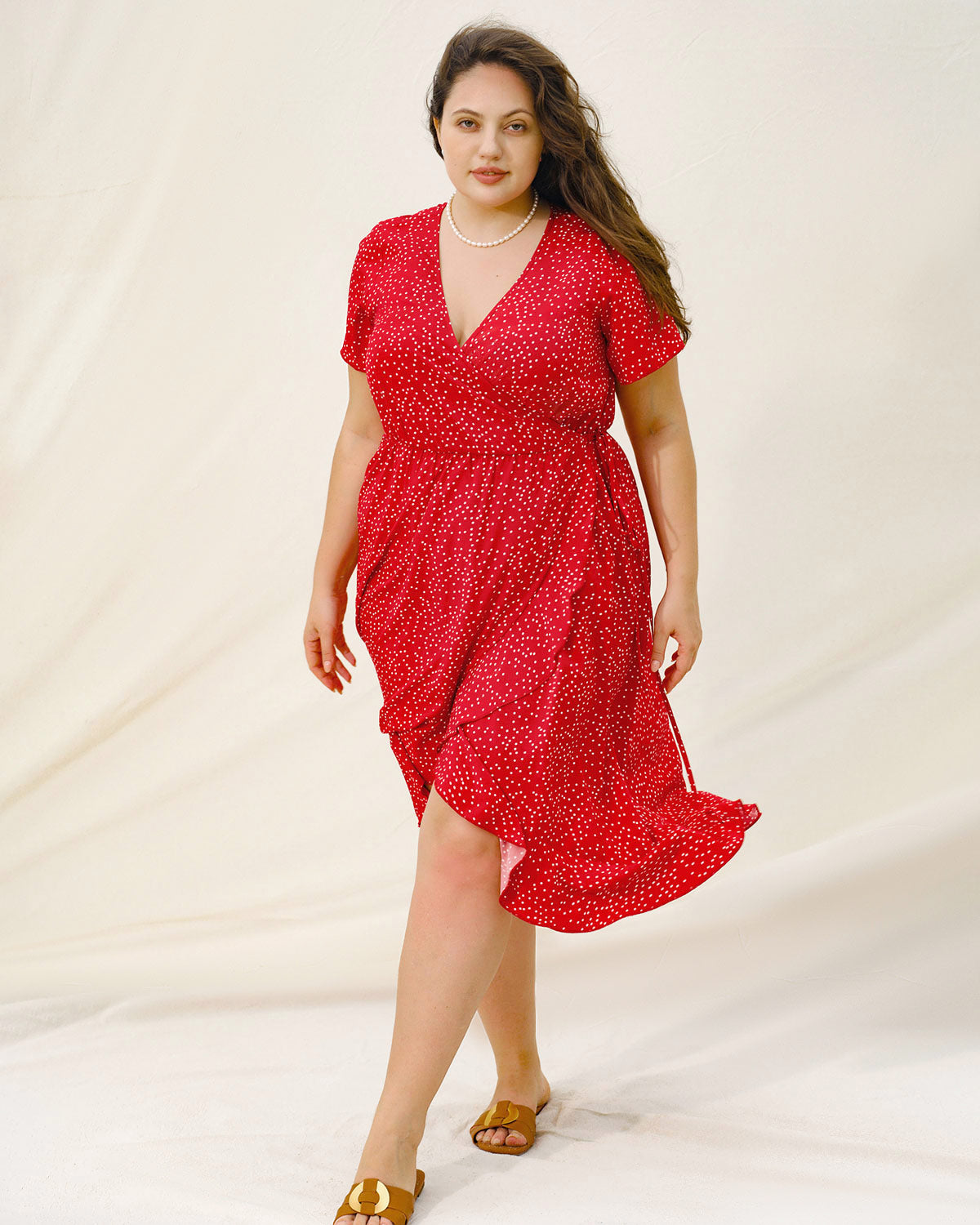 Plus Size Red V Neck Polka Dot  Midi Dress