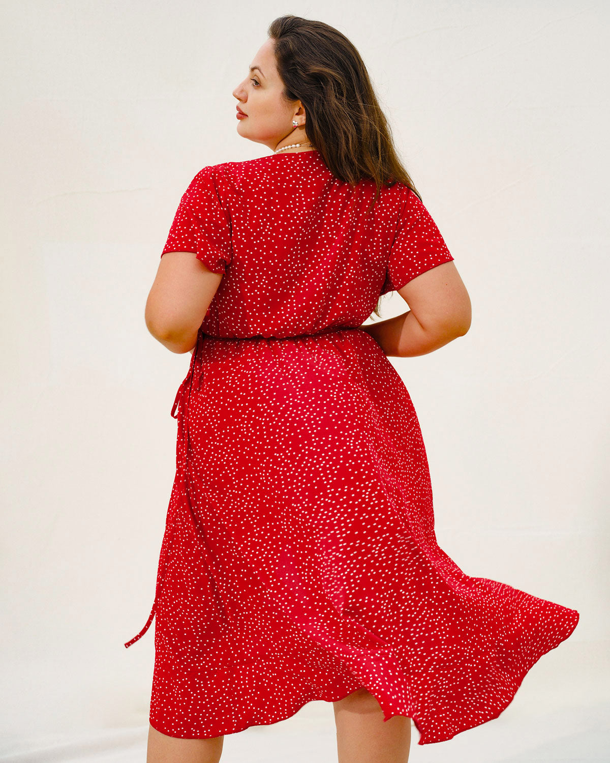 Plus Size Red V Neck Polka Dot  Midi Dress