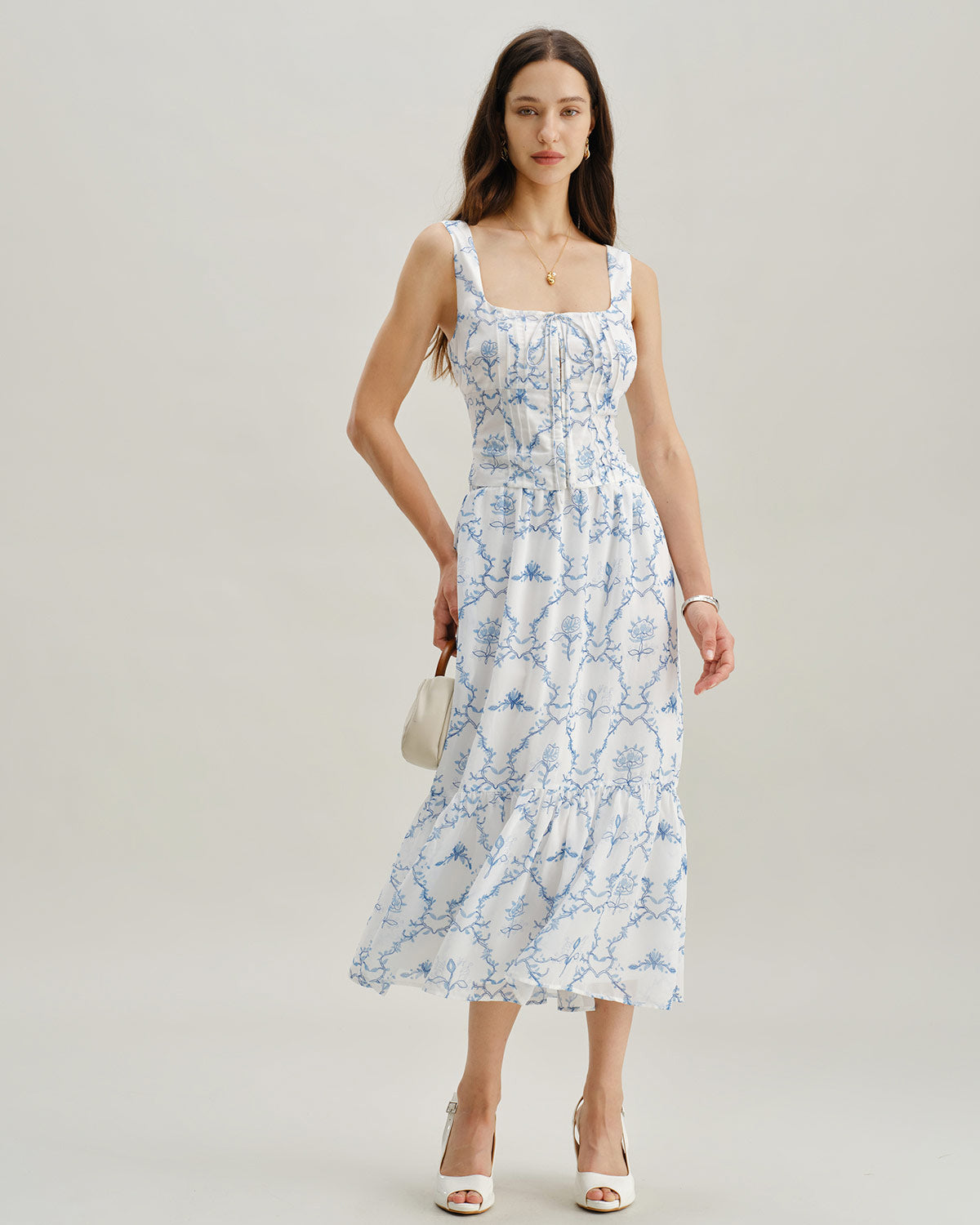 White Floral Ruched Tank Top