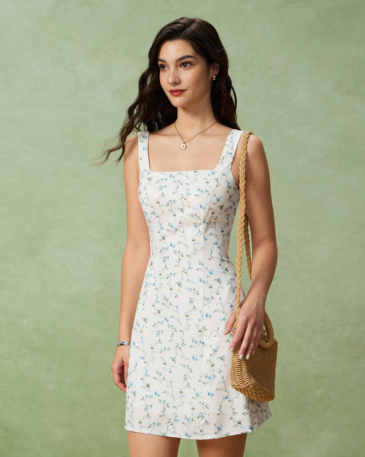 White Floral Square Neck Slip Mini Dress