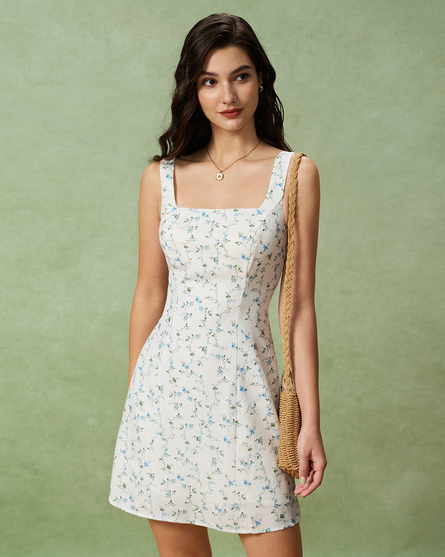 White Floral Square Neck Slip Mini Dress