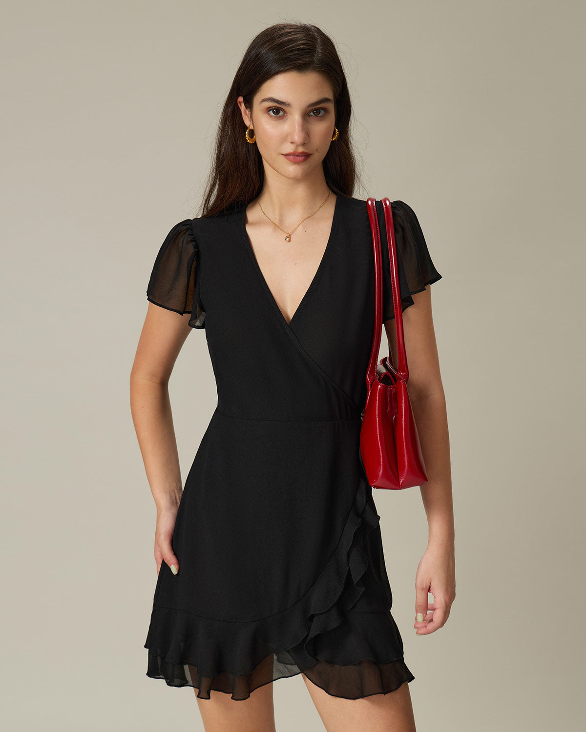 Black V Neck Chiffon Mini Dress