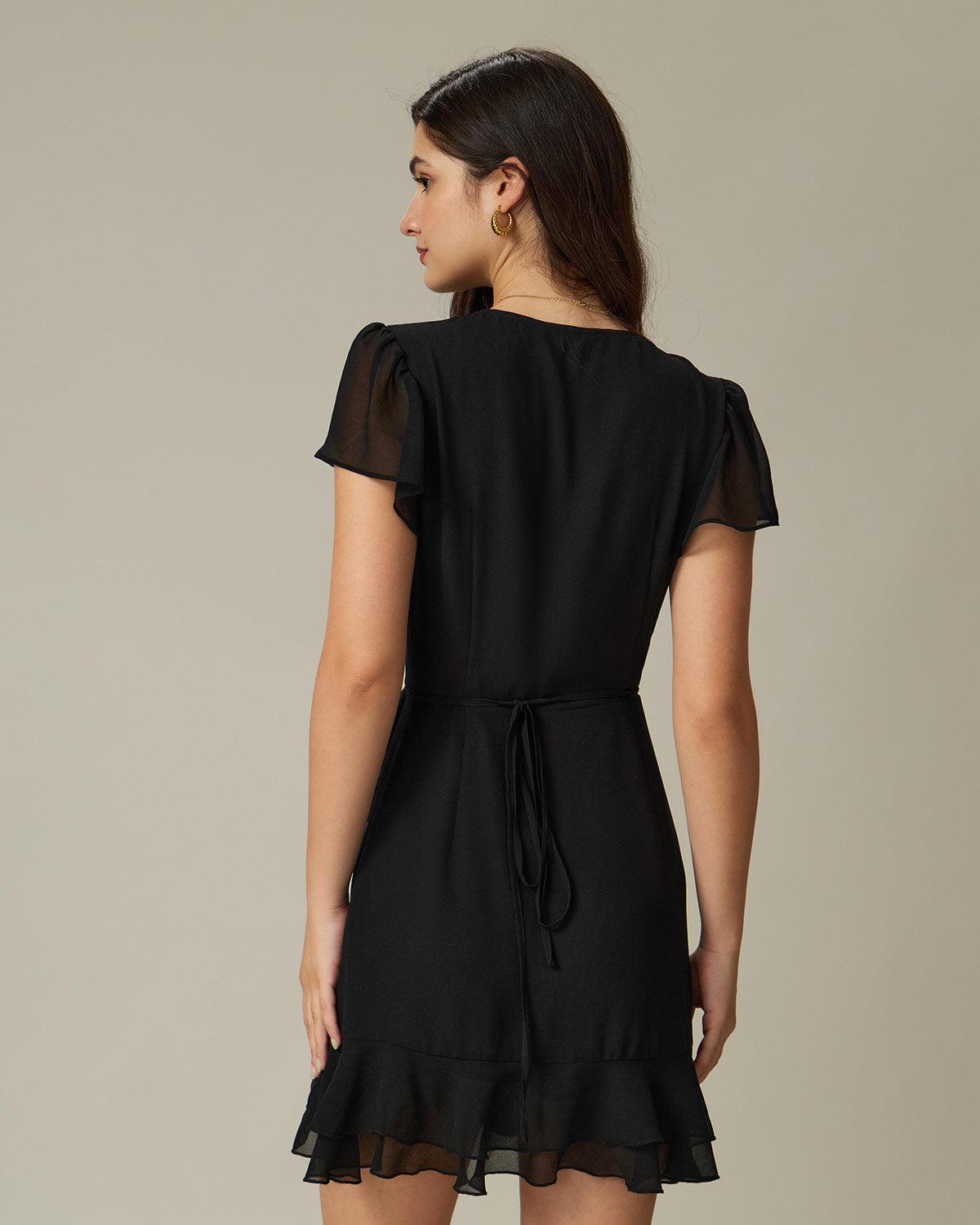 Black V Neck Chiffon Mini Dress