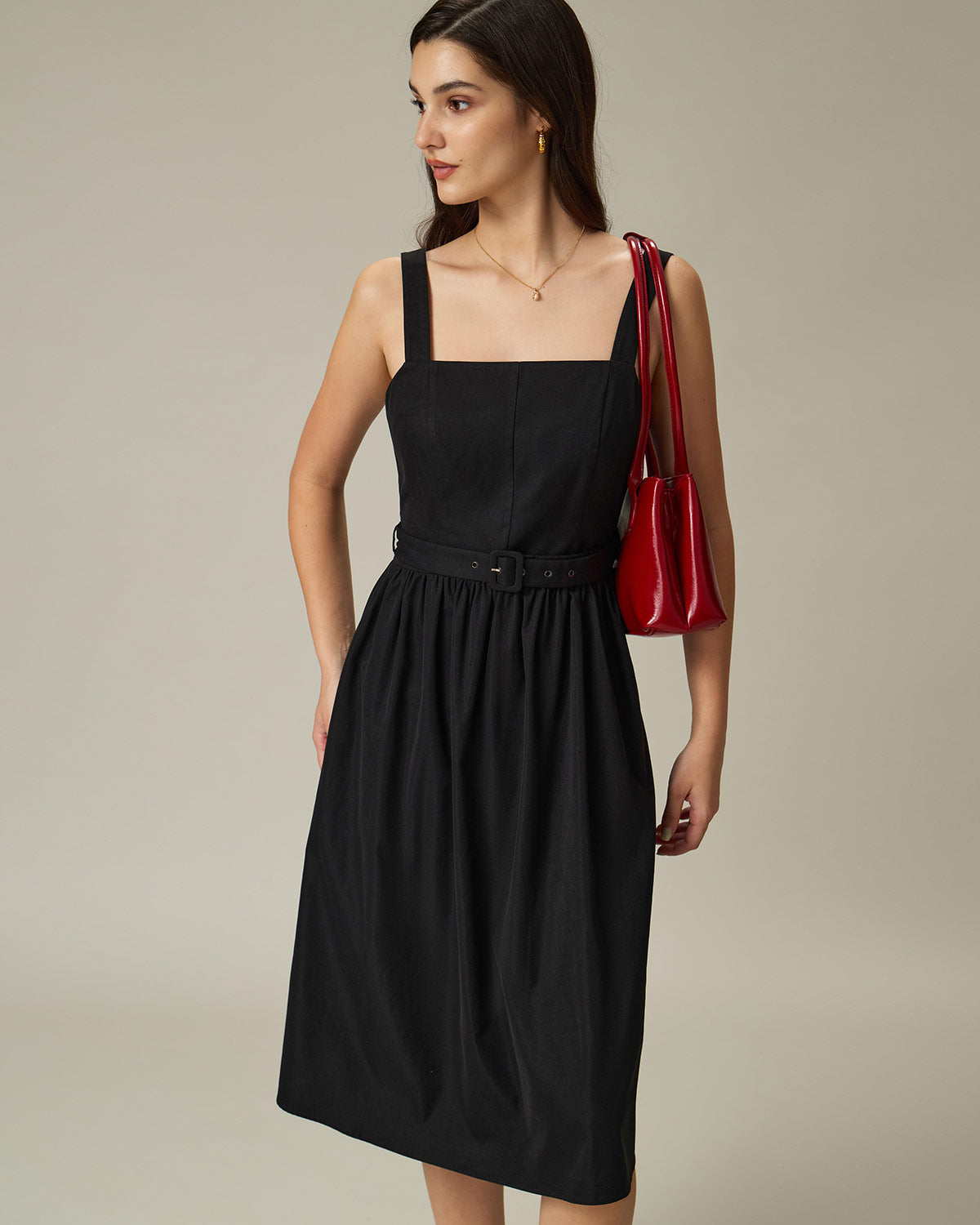Black Square Neck Ruched Slip Midi Dress