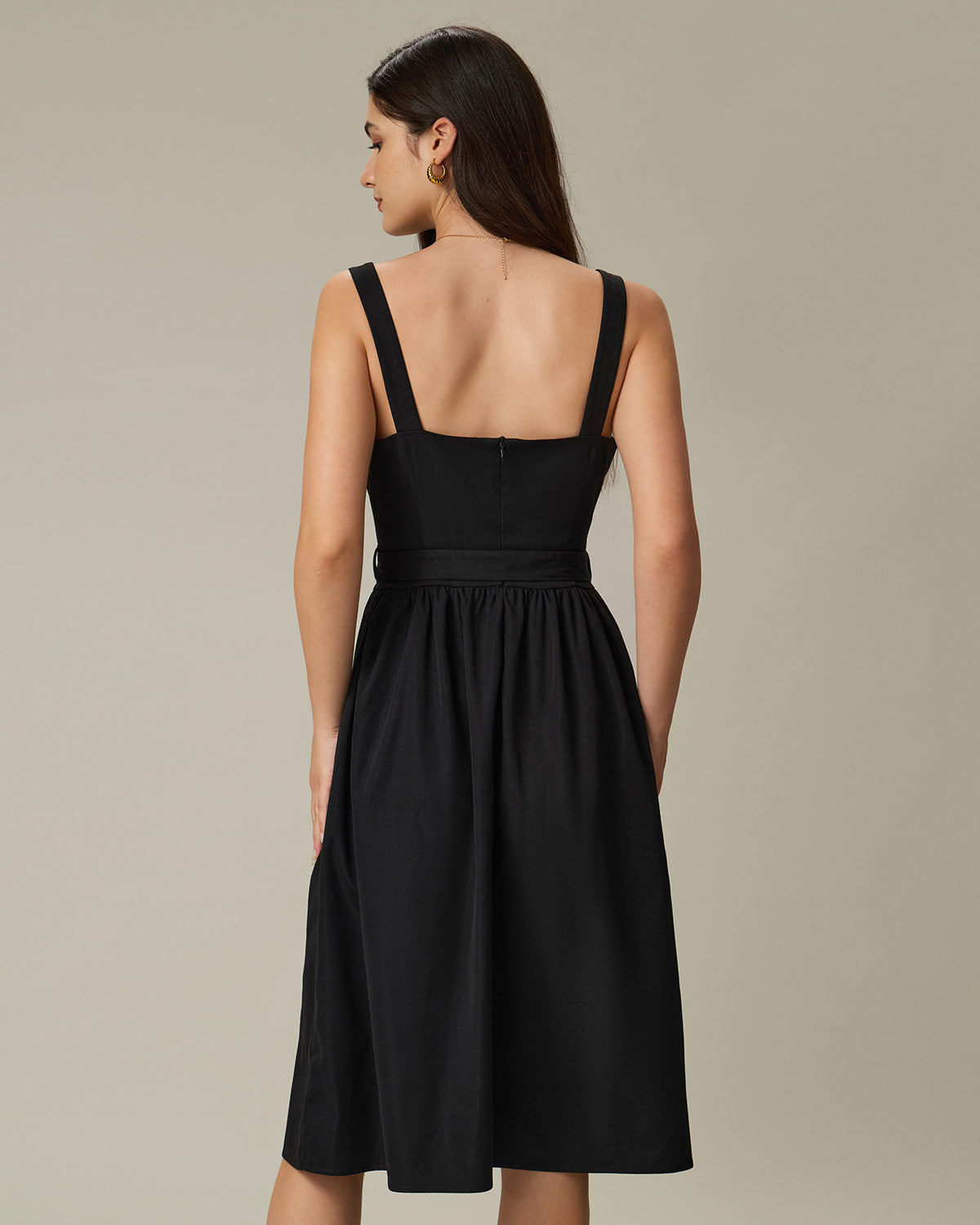 Black Square Neck Ruched Slip Midi Dress