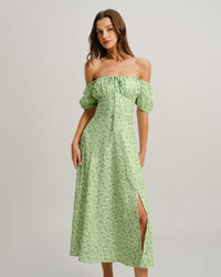 Green Floral Square Neck Puffed Sleeve Midi Dress
