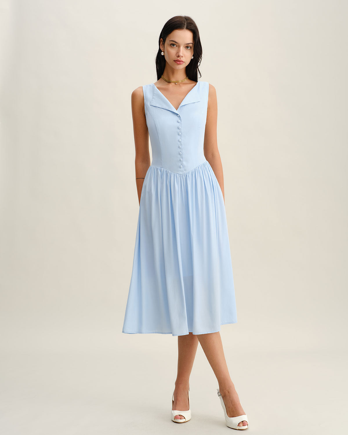 Blue V Neck Button Sleeveless Midi Dress