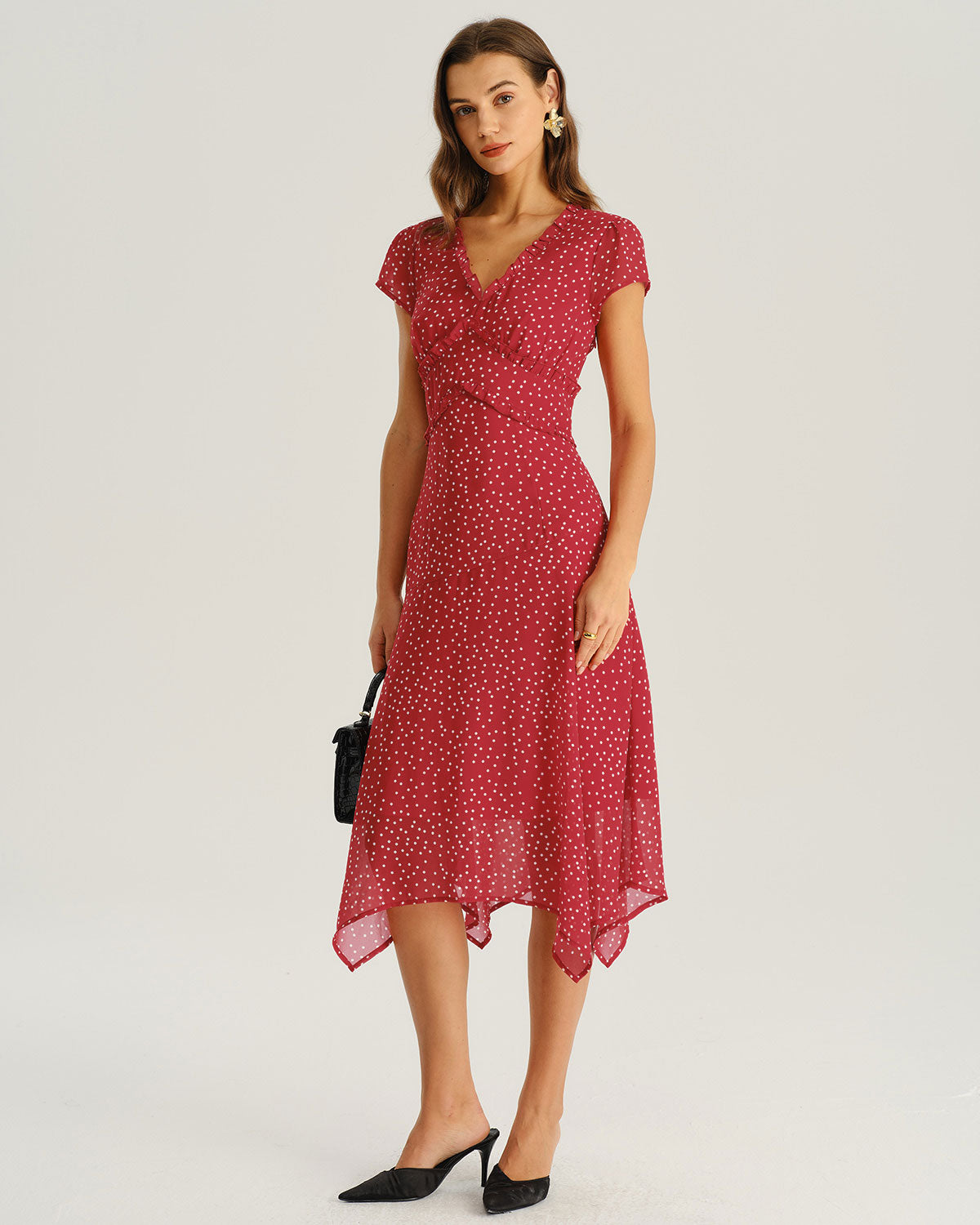 Red Polka Dot Cap Sleeve Midi Dress