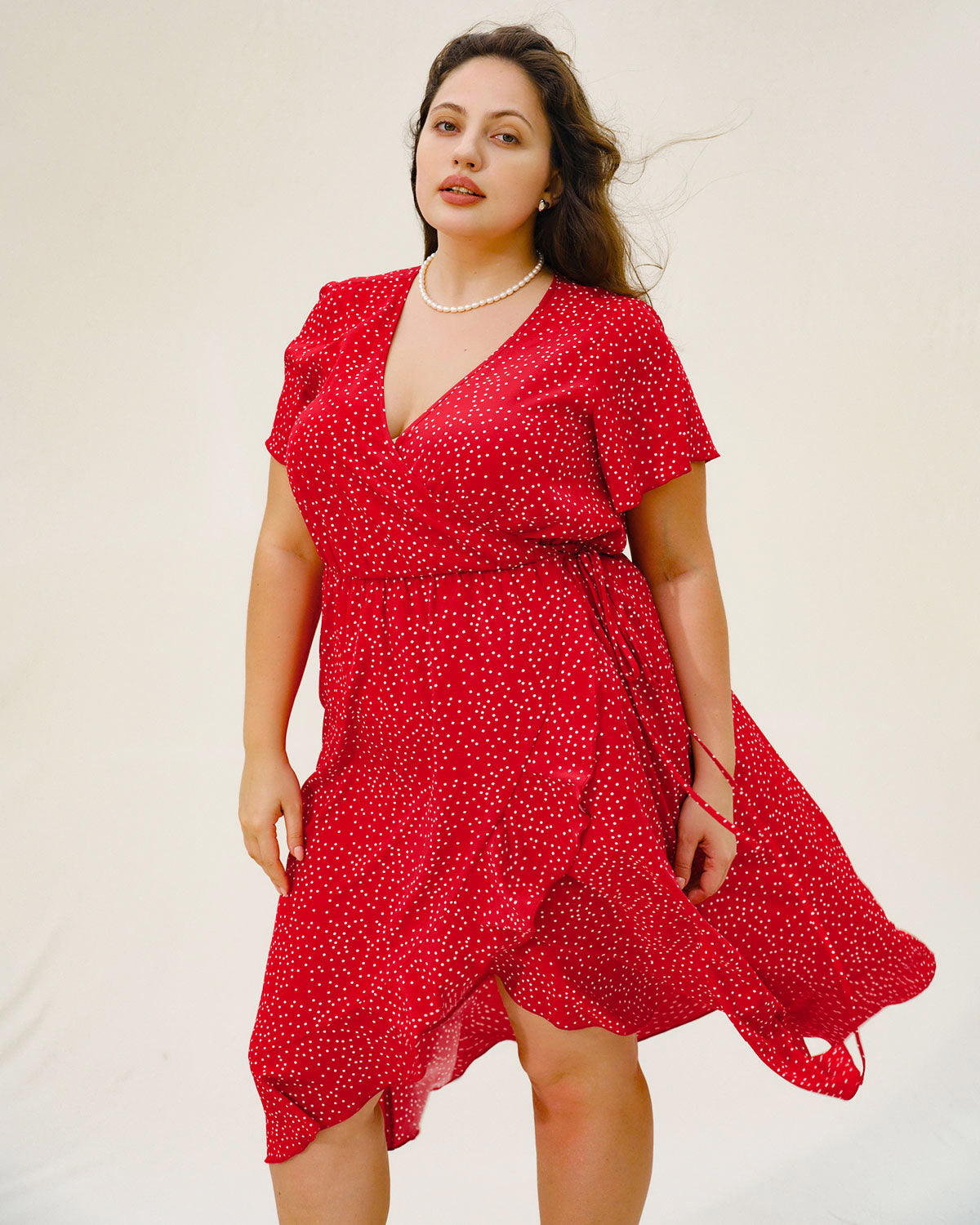 Plus Size Red V Neck Polka Dot  Midi Dress