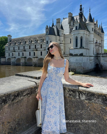 The Blue Square Neck Floral Ruched Midi Dress