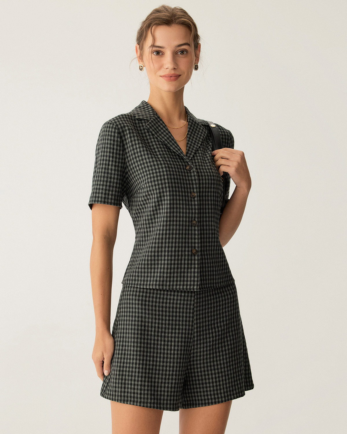 Grey High Waisted Plaid Shorts - RIHOAS