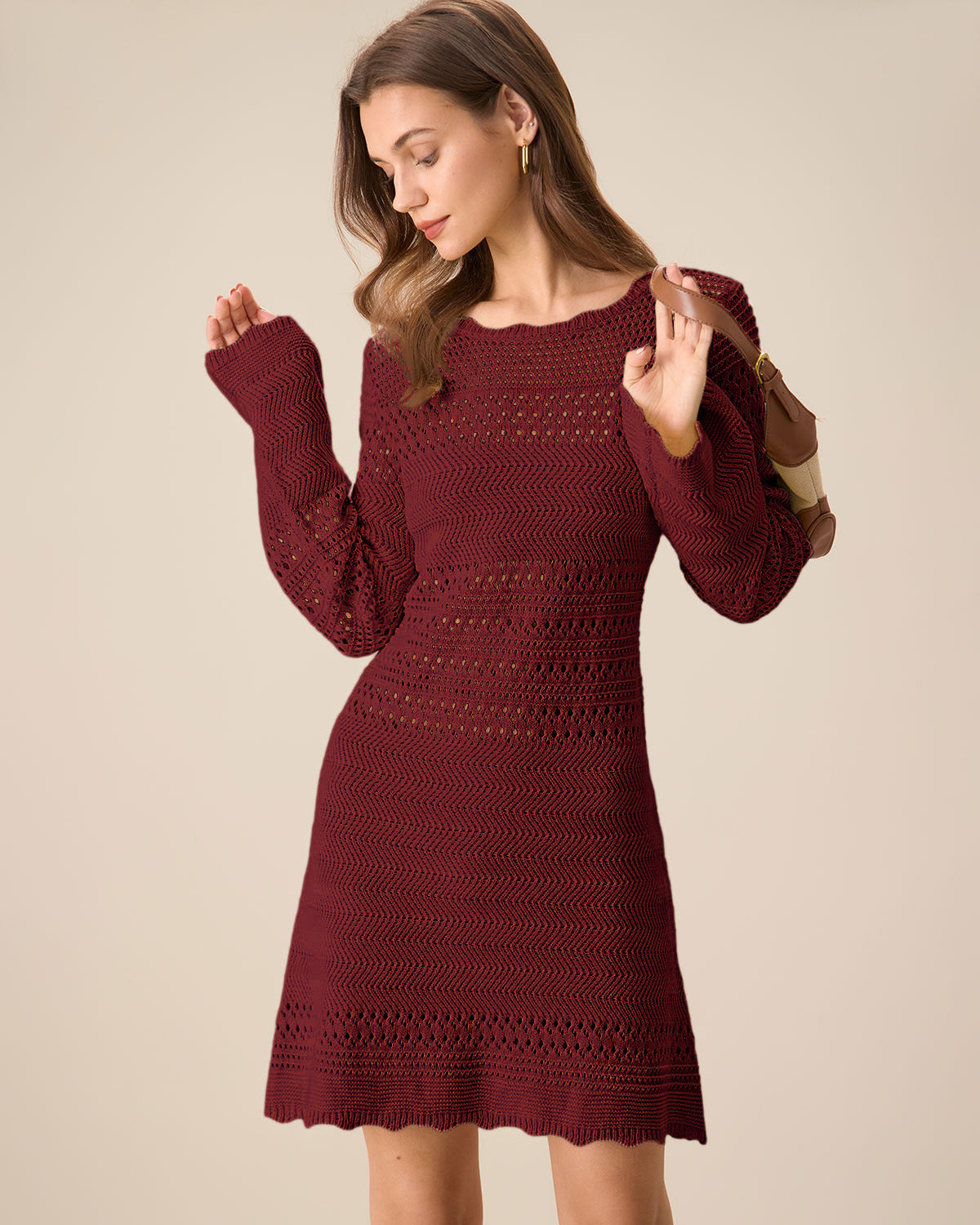 Women Knitted Acrylic Sweater Dress Wine Red Dresses - RIHOAS
