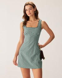 Green Plaid Square Neck Slip Mini Dress - RIHOAS