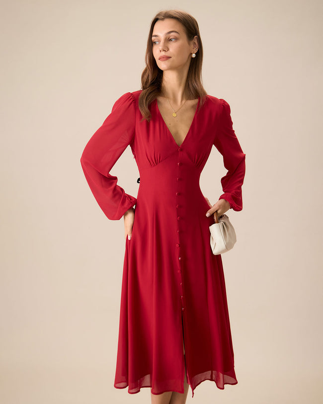 Rotes Damen-Midikleid mit V-Ausschnitt, Puffärmeln und Schlitz