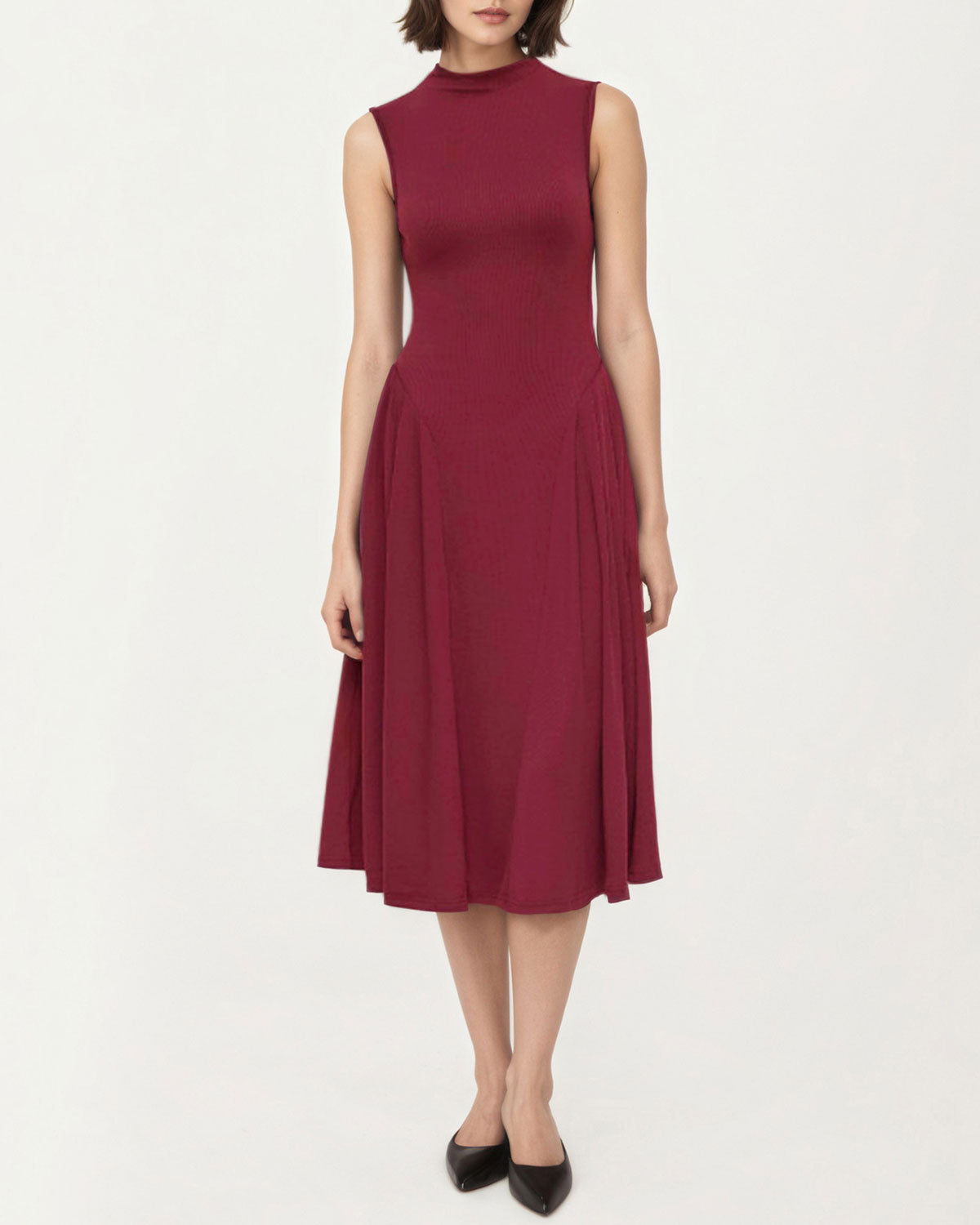 Women's Knit Polyester Midi Dress Wine Red Dresses - RIHOAS