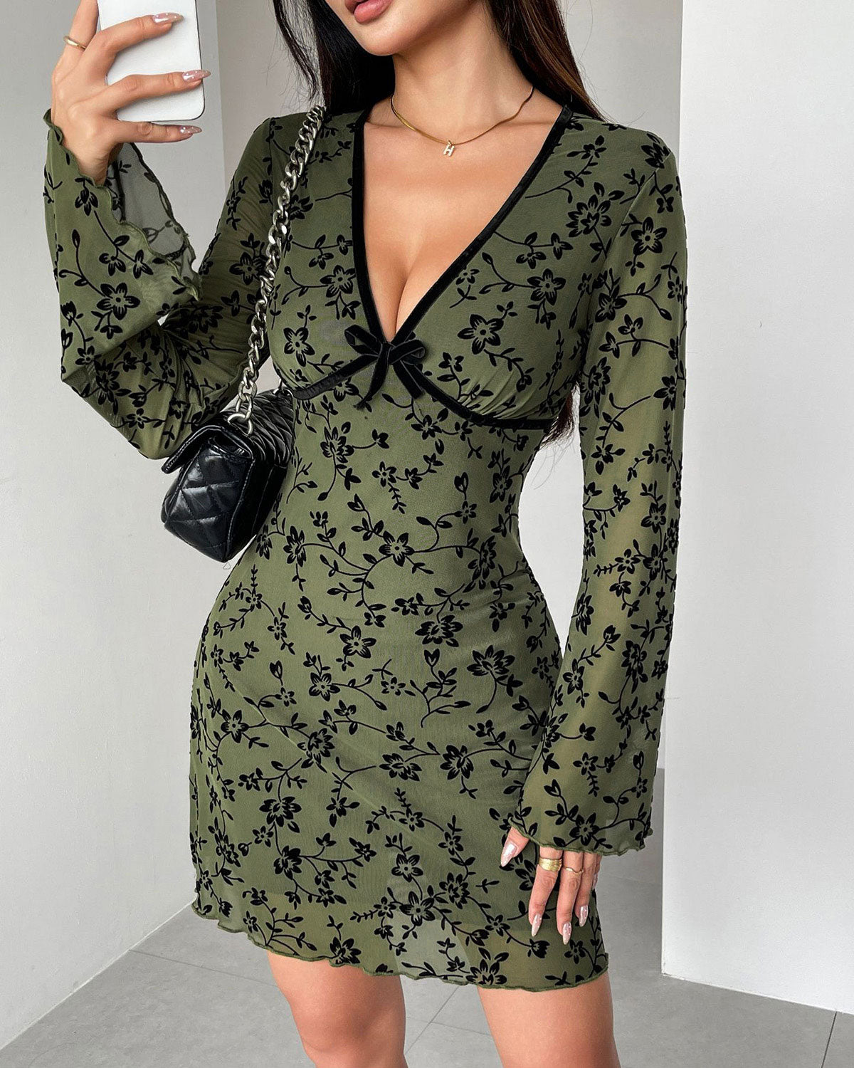 Women's Knit Polyester Mini Dress Green Dresses - RIHOAS