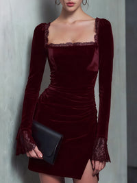 Women's Knit Velvet Mini Dress Wine Red Dresses - RIHOAS