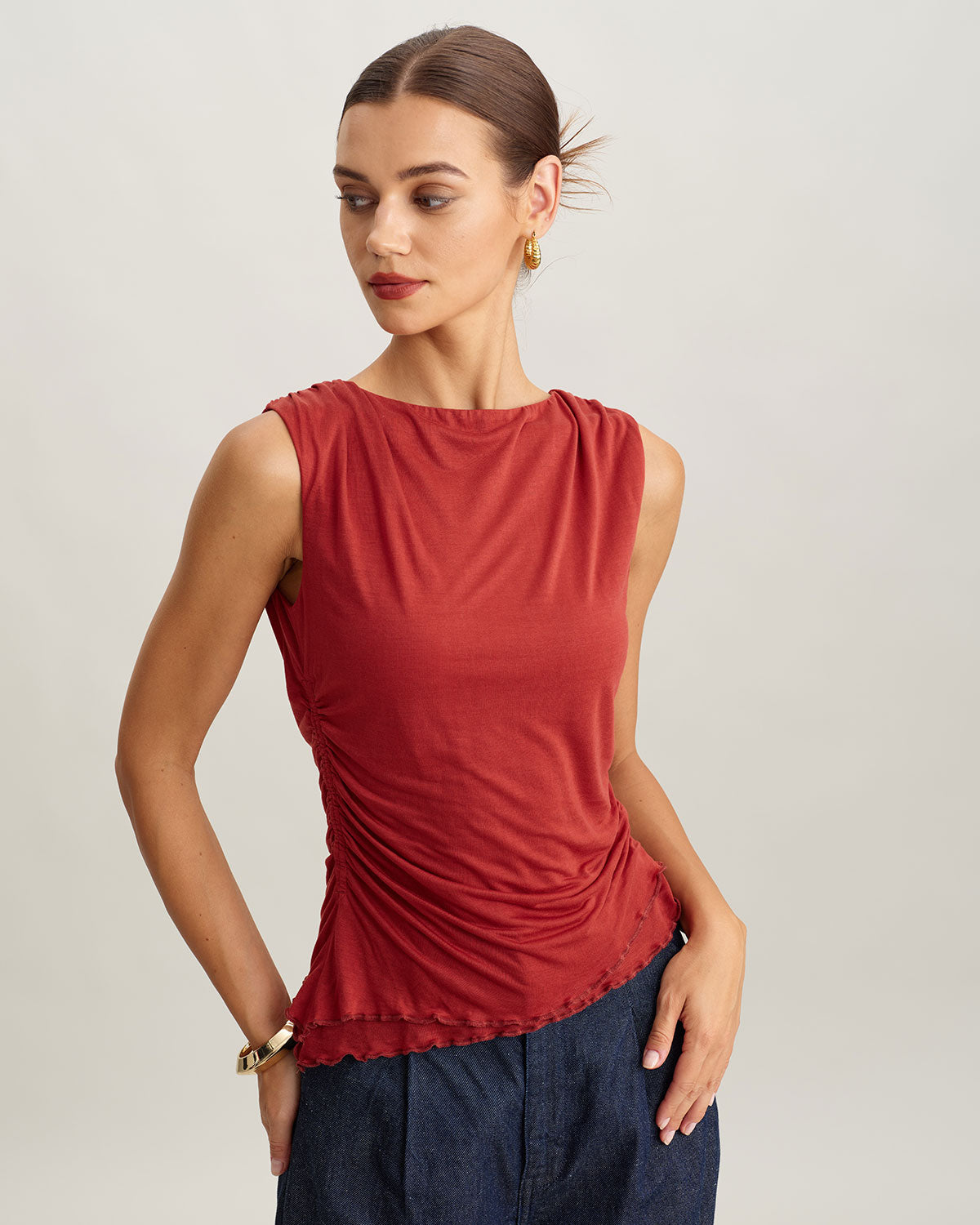 Women's Knitted Tencel Tank Tops Brick Red Tops - RIHOAS