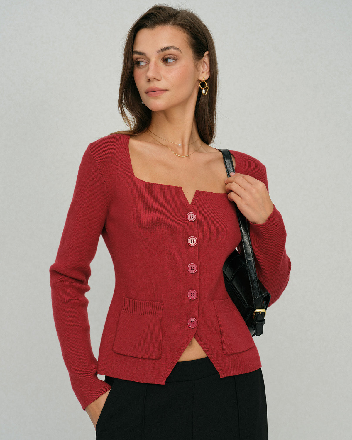 Women's Knitted Viscose Cardigans Red Tops - RIHOAS