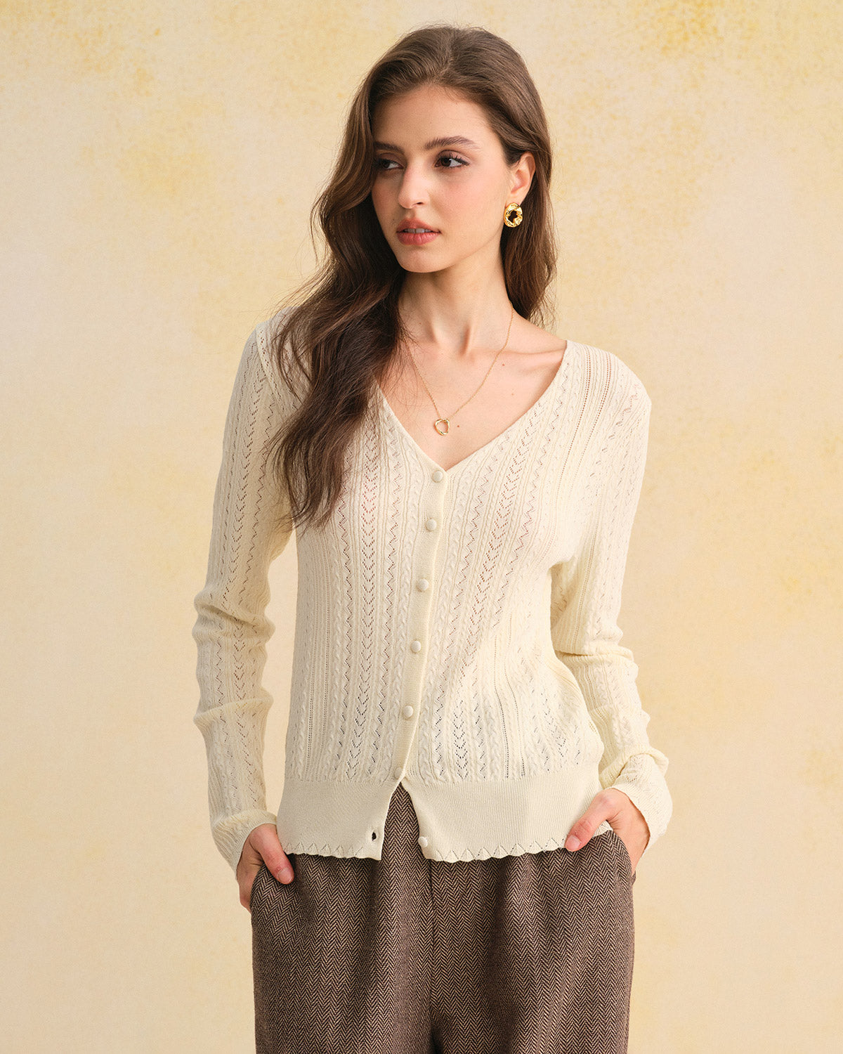 Women's Knitted Viscose Knits Cardigans Beige Tops - RIHOAS