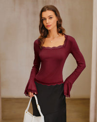 Women's Knitted Viscose Tees Wine Red Tops - RIHOAS