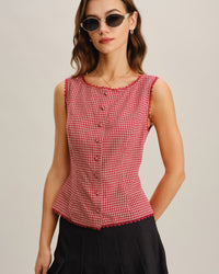 Women's Woven Cotton Vest Red Tops - RIHOAS