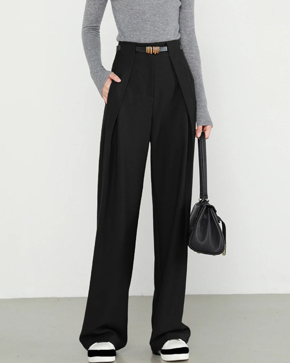 Women's Woven Polyester Casual Pants Black Bottoms - RIHOAS