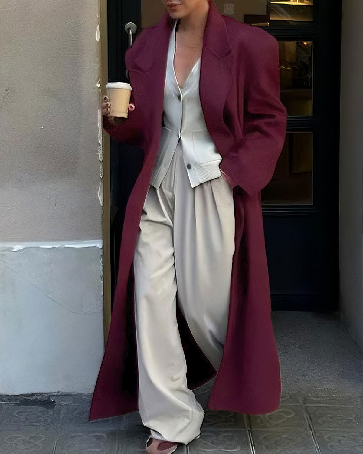 Women's Woven Polyester Coat Wine Red Outerwear - RIHOAS