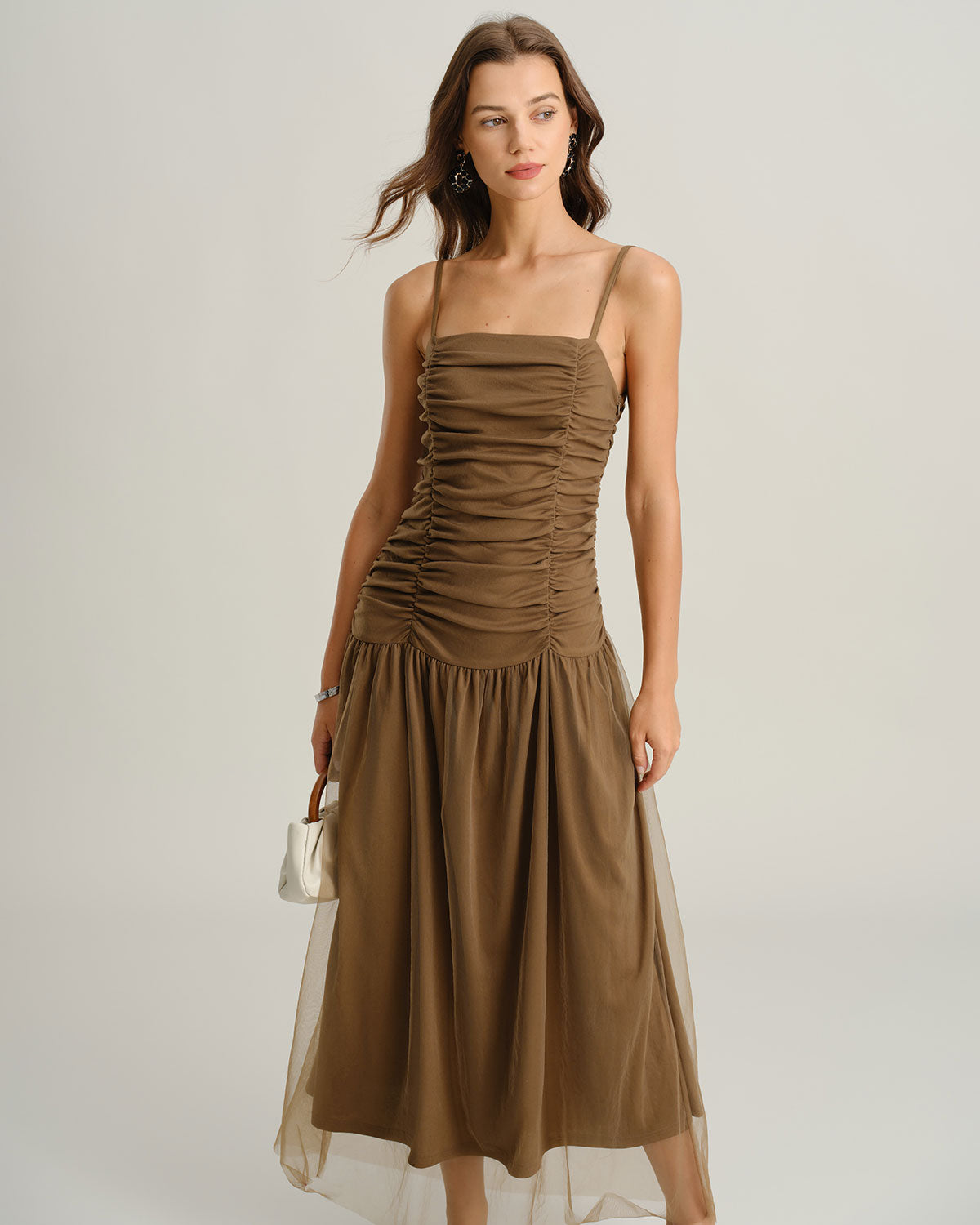 Women's Woven Polyester Maxi Dress Brown Dresses - RIHOAS