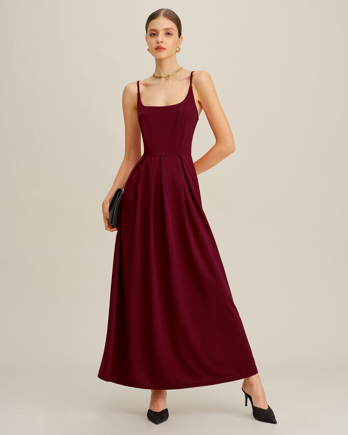 Women's Woven Polyester Maxi Dress Wine Red Dresses - RIHOAS