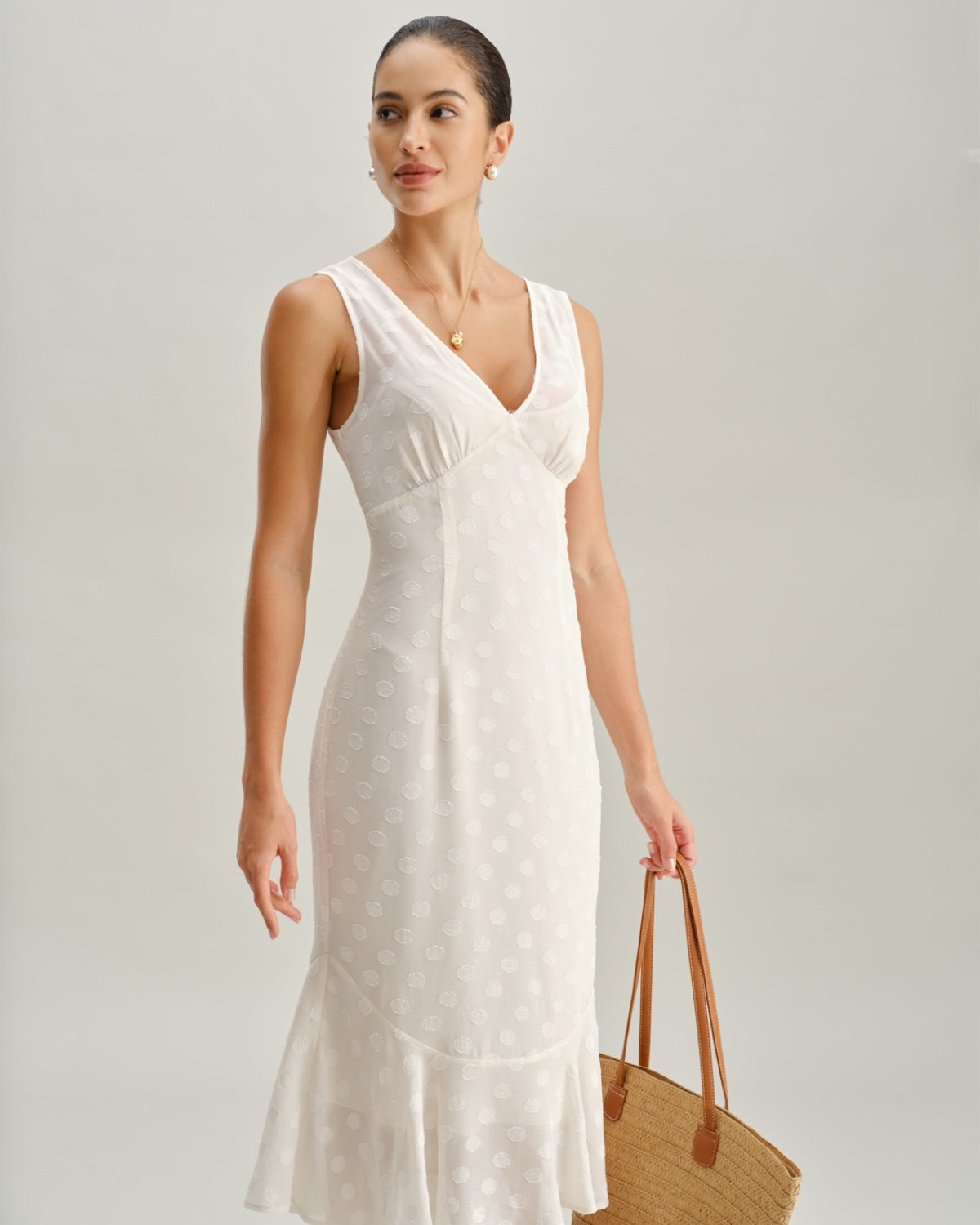 Beige Polka Dot V-Neck Midi Dress