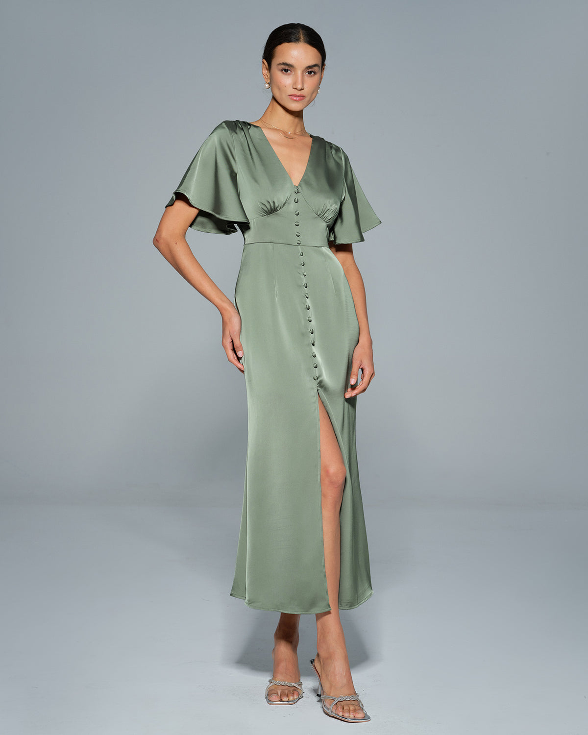 Women's Woven Polyester Midi Dress Green Dresses - RIHOAS