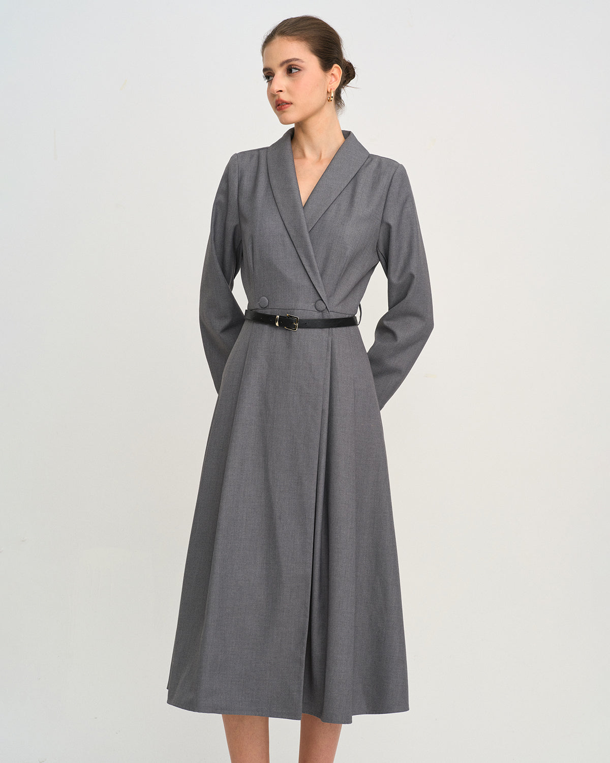 Women's Woven Polyester Midi Dress Grey Dresses - RIHOAS