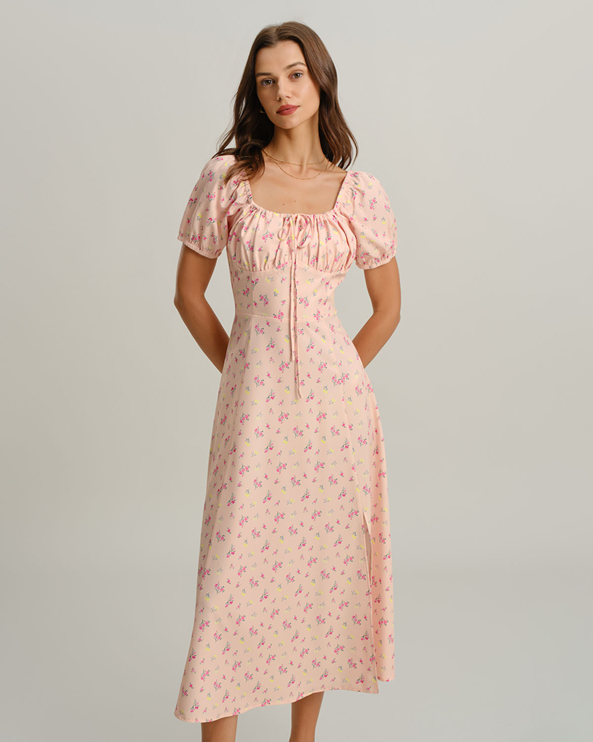 Women's Woven Polyester Midi Dress Pink Dresses - RIHOAS