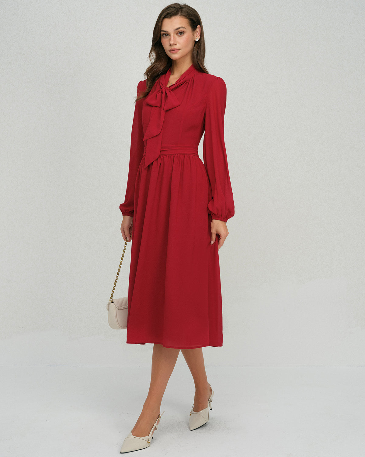Women's Woven Polyester Midi Dress Wine Red Dresses - RIHOAS